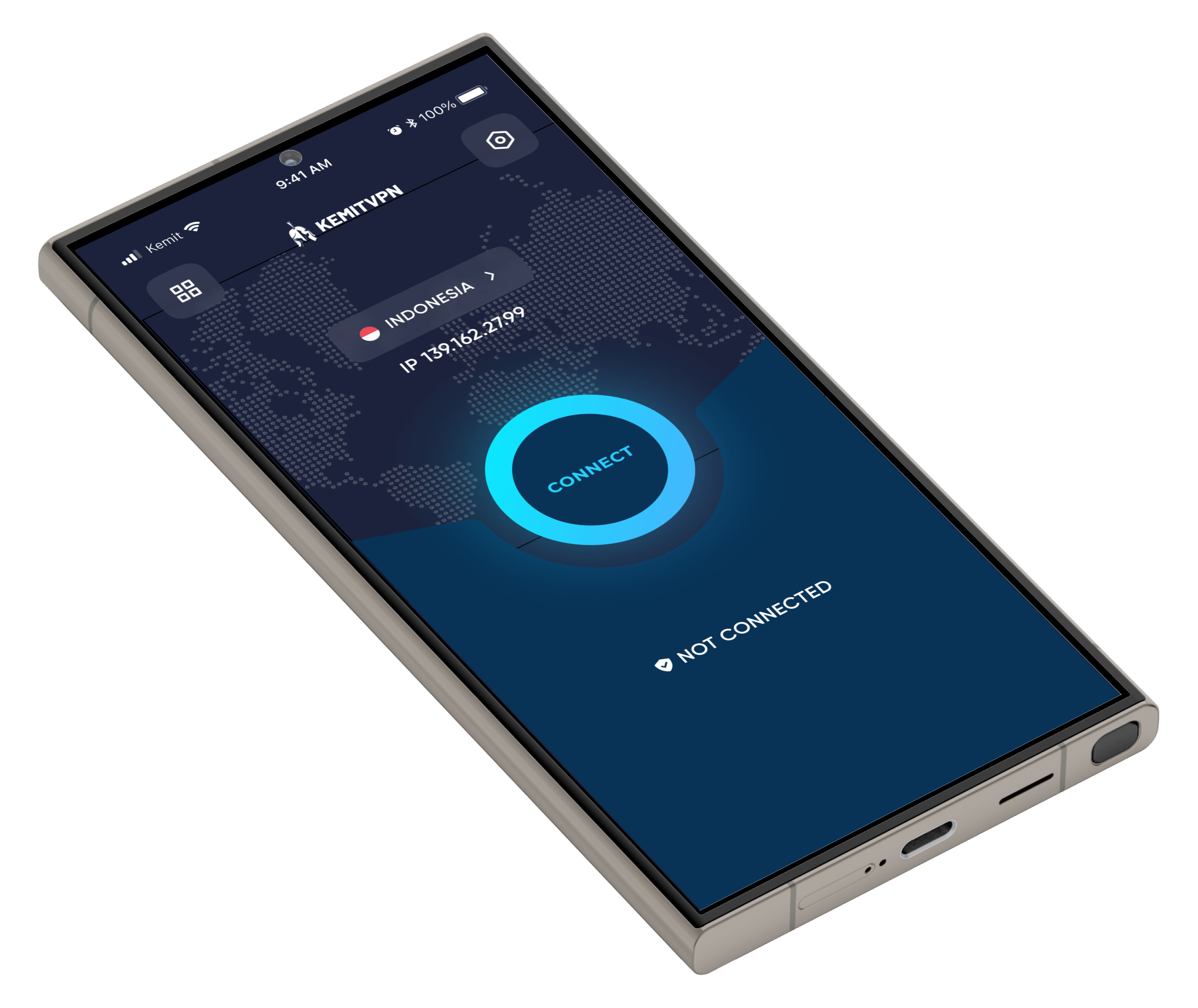 Modern smartphone displaying the KemitVPN Android app interface with a large blue connect button in the center, connection status showing not connected, and a map background with Indonesia selected as the server location. Text on the screen includes KemitVPN, Indonesia, IP 139.162.27.99, connect, not connected. The interface has a clean, professional, and secure feel, emphasizing ease of use and digital safety