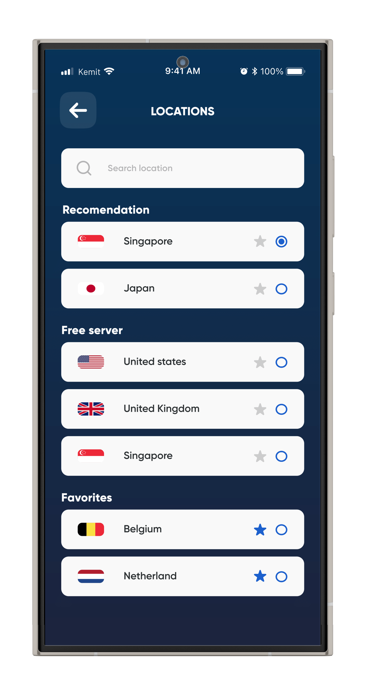 Modern smartphone displaying the KemitVPN Android app interface with a locations screen. The screen shows a search bar at the top, followed by sections labeled Locations, Recommendation, Free server, and Favorites. Each section lists countries with their flags, names, and selection or favorite icons. Countries listed include Singapore, Japan, United States, United Kingdom, Belgium, and Netherlands. The interface uses a clean blue background with white cards for each country, and the overall tone is professional, organized, and user-friendly. Text on the screen includes Locations, Search location, Recommendation, Free server, Favorites, and the names of the listed countries.