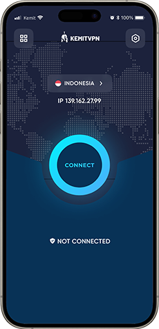 KemitVPN mobile app interface displayed on an iPhone screen showing a not connected VPN session with Indonesia as the selected server, IP address 139.162.27.99, a large connect button in the center, and a digital world map background. The interface has a modern, secure, and professional tone. Text on the app includes KemitVPN, Indonesia, IP 139.162.27.99, Connect, Not Connected.