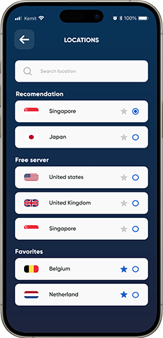 KemitVPN app interface displayed on an iPhone screen showing a server selection menu with country flags, server names, and favorite or selection icons. The app lists locations such as Singapore, Japan, United States, United Kingdom, Belgium, and Netherlands, organized under categories like Recommendation, Free server, and Favorites. The interface uses a dark blue background with white cards and clear icons, creating a modern and professional tone. Text on the app includes Locations, Search location, Recommendation, Free server, Favorites, and the names of the countries.