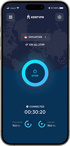 KemitVPN mobile app interface displayed on an iPhone screen showing a connected VPN session with Singapore as the selected server, a large stop button in the center, connection time, download and upload speeds, and a digital world map background. The interface has a modern, secure, and professional tone. Text on the app includes KemitVPN, Singapore, IP 139.162.27.99, Stop, Connected, 00:30:20, Download 75.5 Kb, Upload 70.0 Kb.